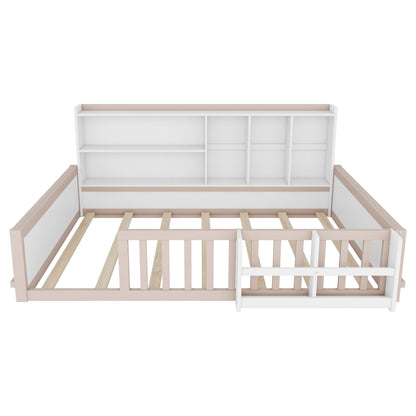Platform Bed Frame With Guardrail, Storage Shelves & Bookshelf