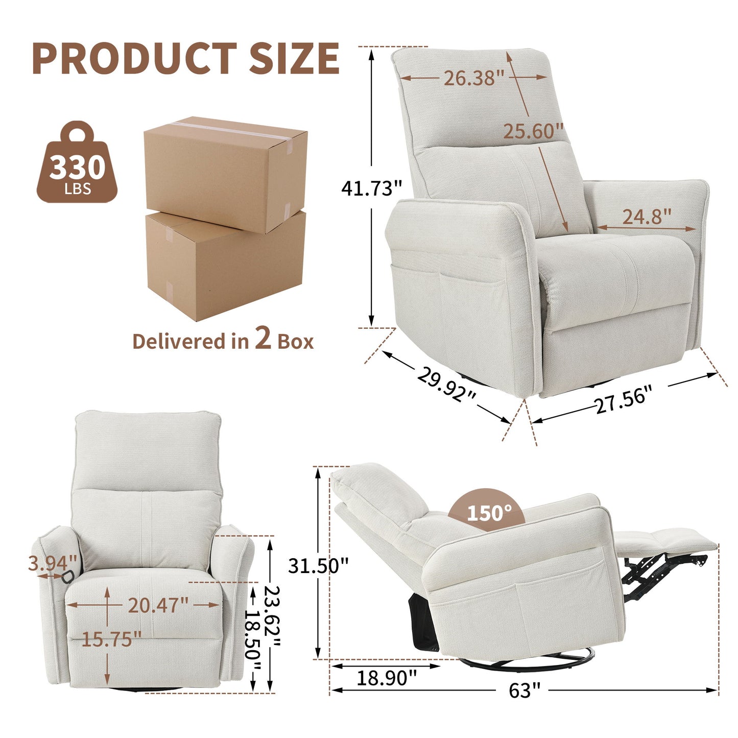 270° Power Swivel Rocker Glider Recliner Chair With USB Ports