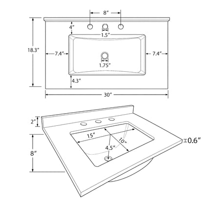 Basin Sink, 0.6" Ultra Thin Profile, Triple Faucet Holes