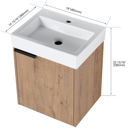 Wall Hung Bathroom Vanity With Top Sink, 1 Small Bathroom Cabinet, With Soft Close Hinges - Imitative Oak