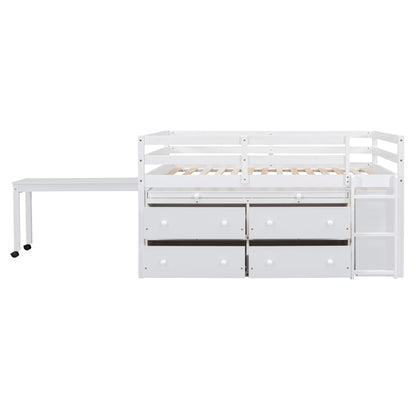 Loft Bed With Retractable Writing Desk And 4 Drawers, With Lateral Portable Desk And Shelves