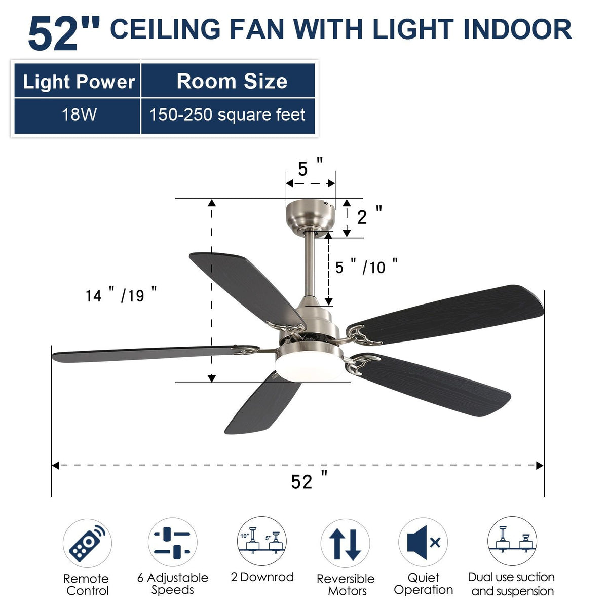 52" Ceiling Fan With LED Light, 6 Speed Remote Control, Reversible DC Motor