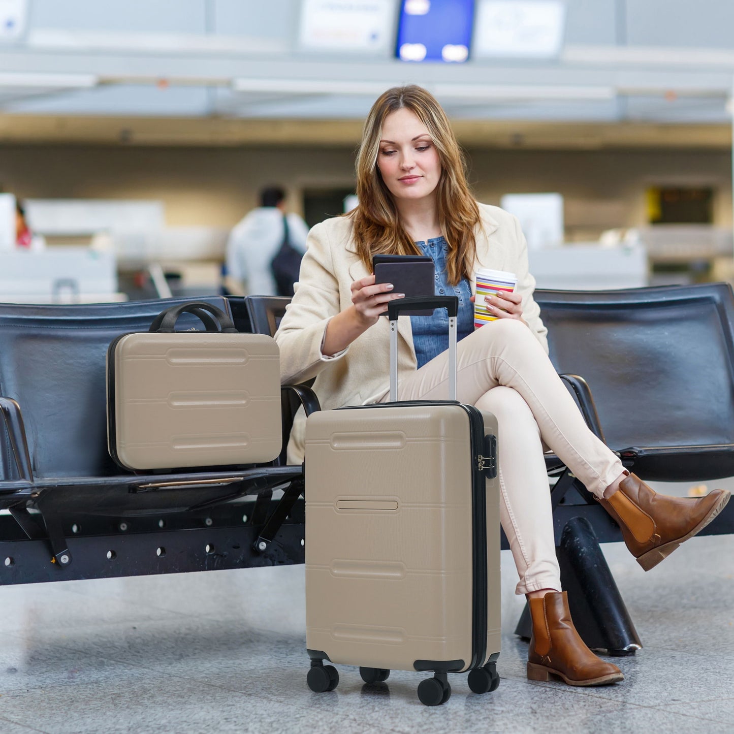 6 Piece Lightweight Hardshell Luggage Set With Double Spinner Wheels, Password Lock