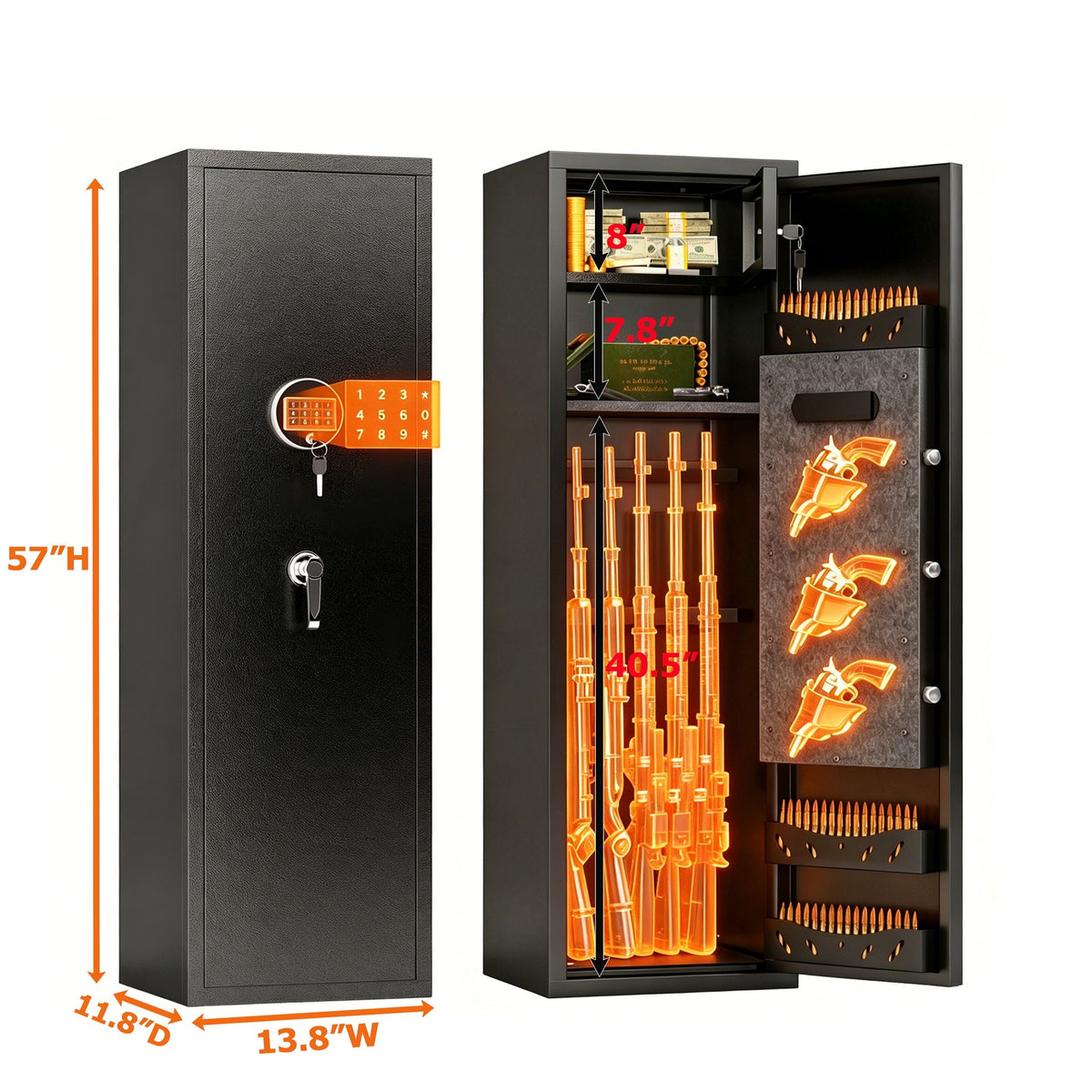 Large Capacity Mechanical Gun Safe For Rifles & Handguns, Digital Password Lock, Built In Independent Lock Box, Adjustable Shelves - Black