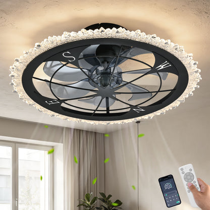21" Caged Ceiling Fan With Dimmable LED Light And Remote Control, Low Profile Flush Mount Fan - Matte Black