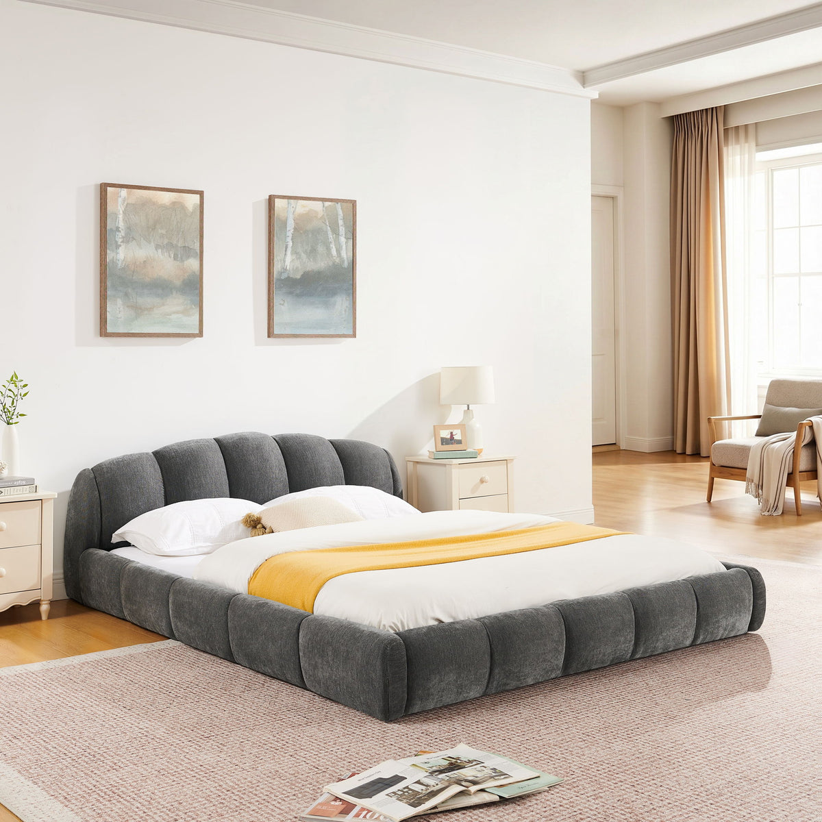 Upholstered Platform Bed Frame, Low Profile Floor Bed, No Box Spring Required