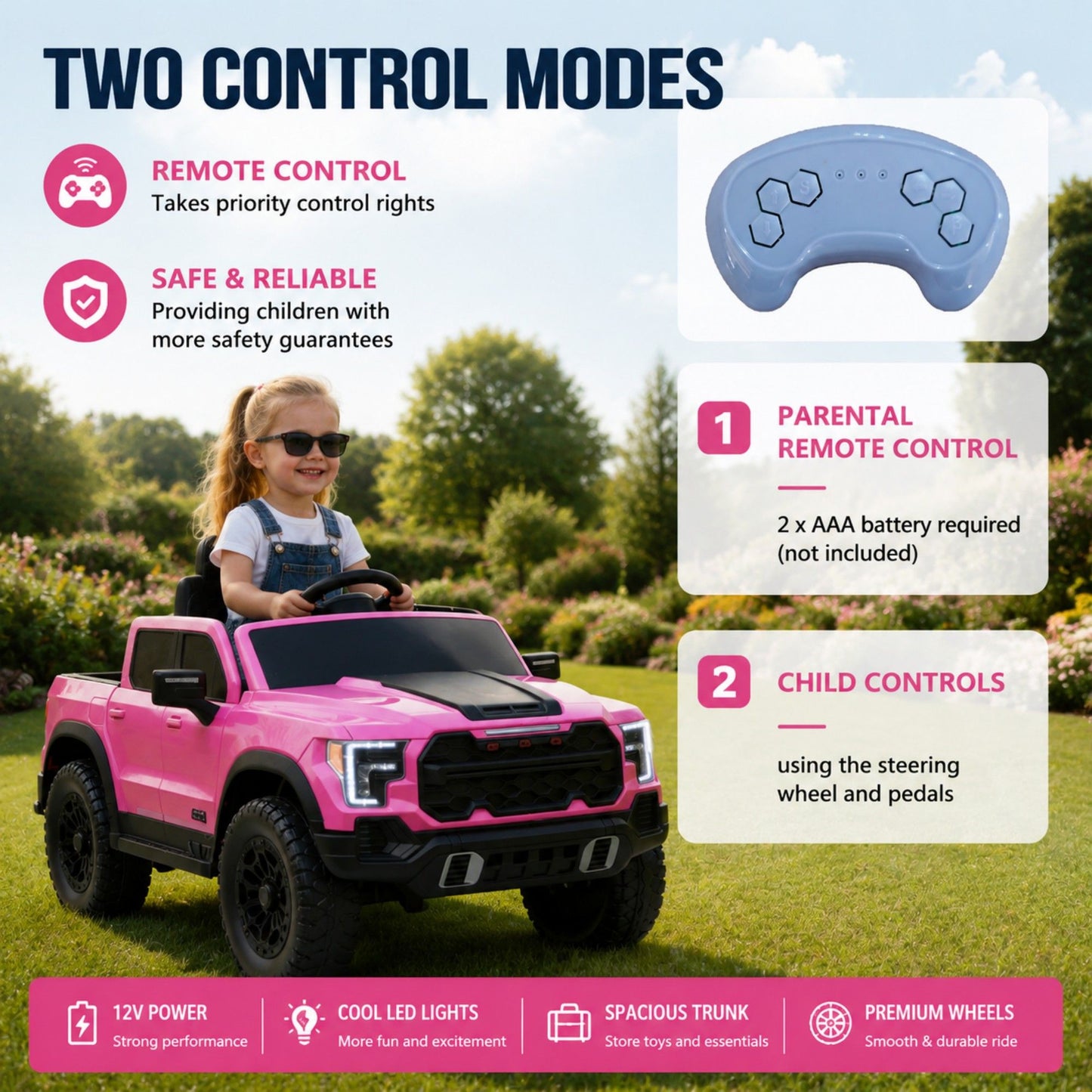 12V Kids Ride On Car With Remote Control, 4 Wheel Shock Absorption, Multifunctional Music Player Perfect Gift For Toddlers - Pink