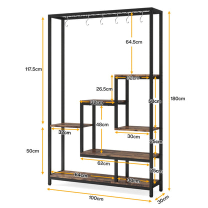 5 Tier Plant Stand With 6 Hooks For Living Room - Brown / Black