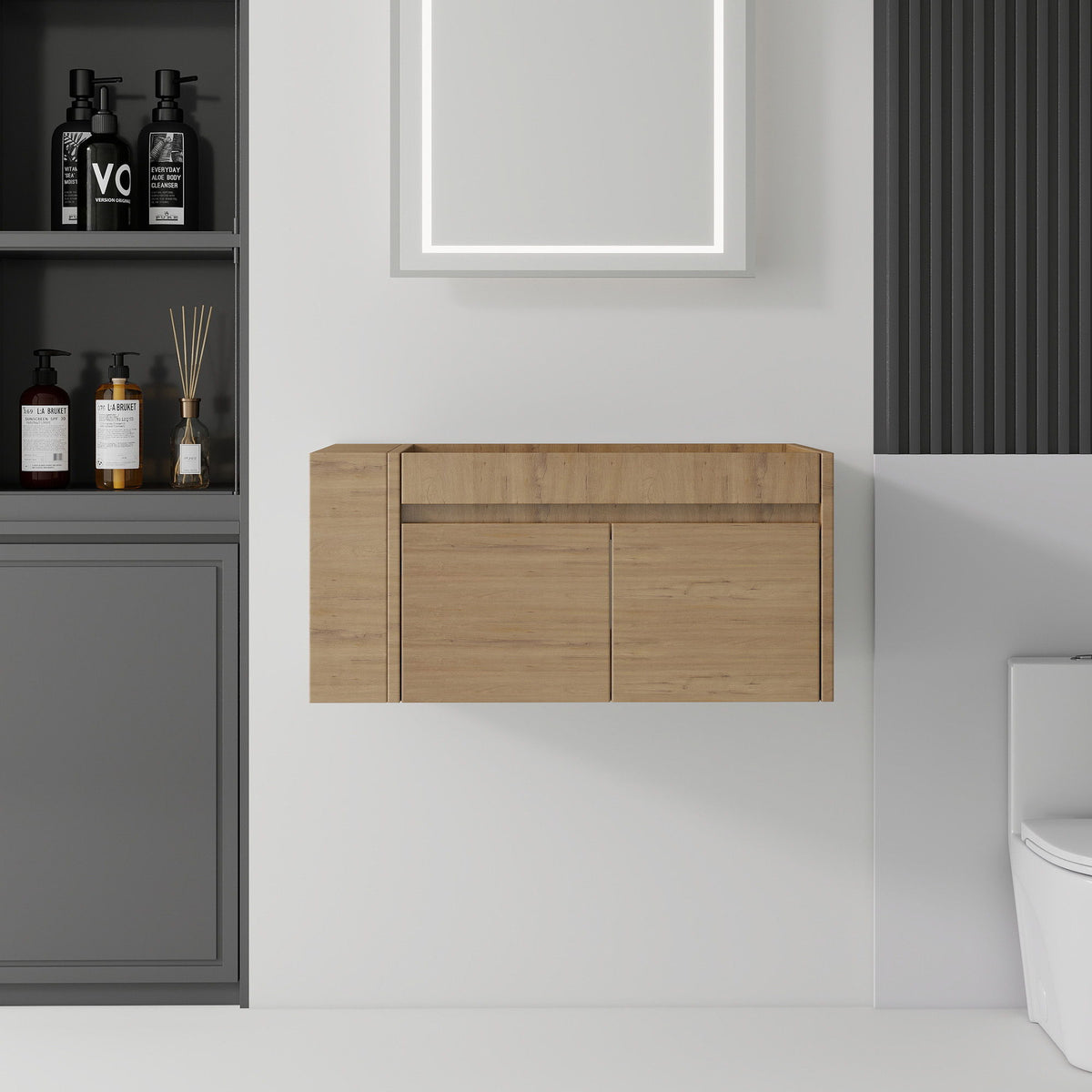 Floating Bathroom Vanity Cabinet, Soft Close Double Drawers, Open Side Storage, Wall Mounted, Cabinet Only