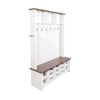 4 In 1 Hall Tree With 6 Hooks, Entryway Bench With Adjustable Shelves - White