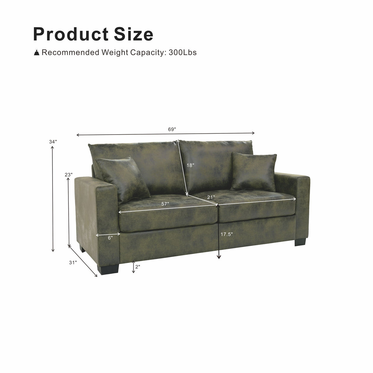 2 Seater Sofa, 2 Throw Pillows For Living Room - Olive Green