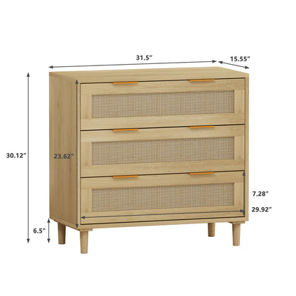 3 Drawers Rattan Storage Cabinet Rattan Drawer, For Bedroom, Living Room, Dining Room, Hallways (Set of 2) - Oak