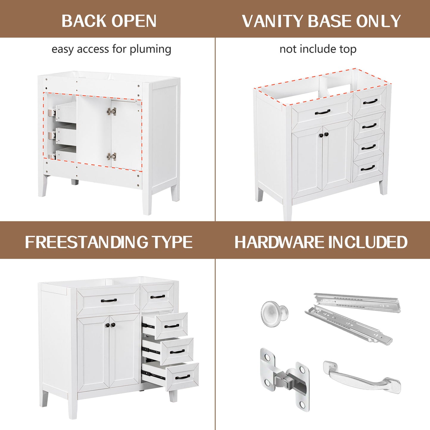 Modern Bathroom Vanity Base Only, 2 Doors And 3 Drawers
