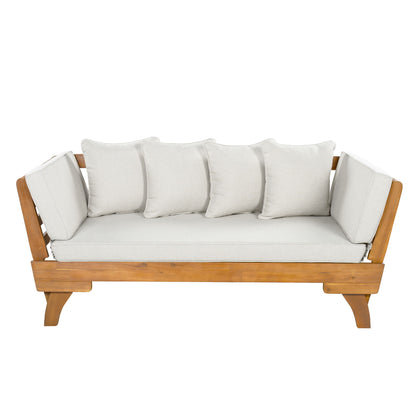Outdoor Patio Daybed Sofa With Foldable Arm, 3 Seat With 4 Back Pillows - Beige / Teak