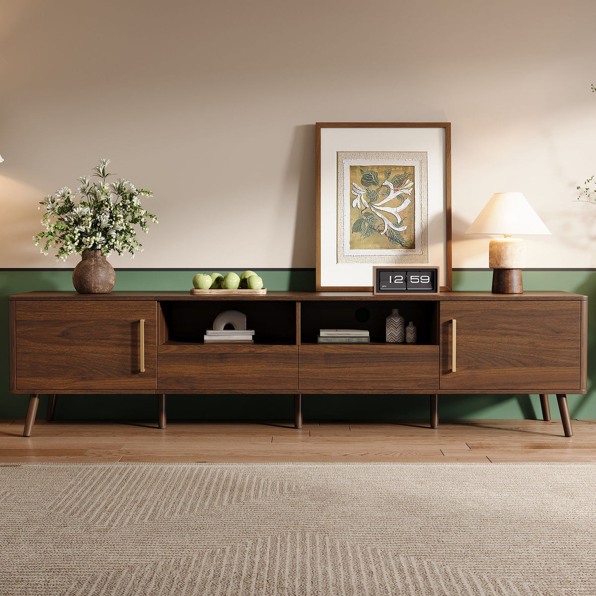 78" TV Stand For 85" TVs With Soft Close Doors, Open Shelf - Walnut