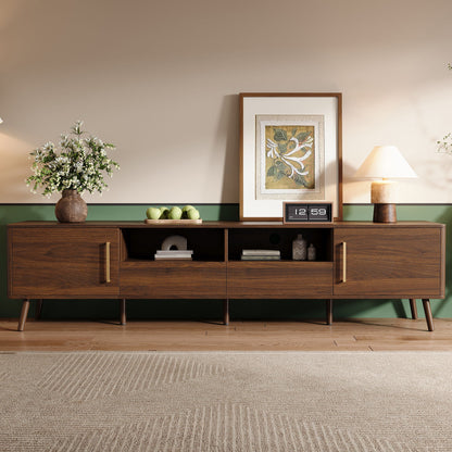 78" TV Stand For 85" TVs With Soft Close Doors, Open Shelf - Walnut