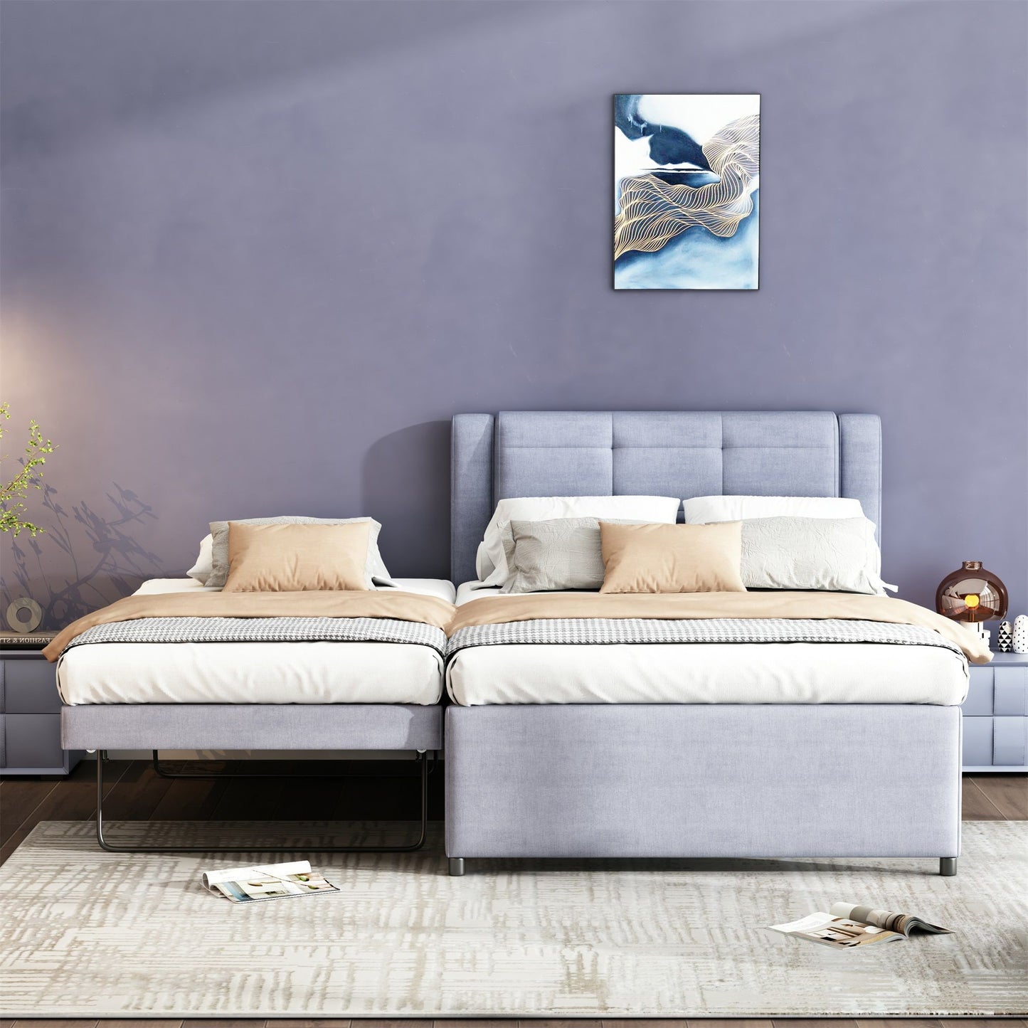 Upholstery Platform Bed With Trundle, Trundle Can Be Flat Or Erected