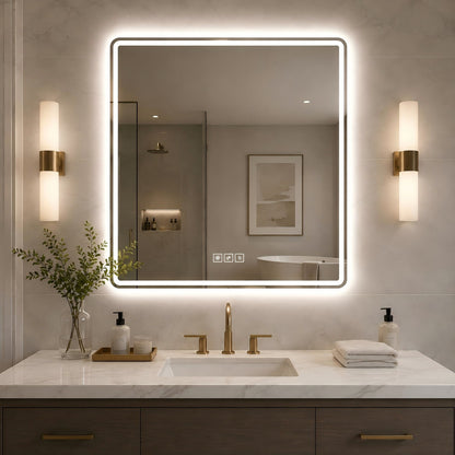 36 X 36 LED Bathroom Mirror With Dimmable Frosted Light Band, 3 Color Temperatures, Anti Fog, Memory & Auto Off - Silver