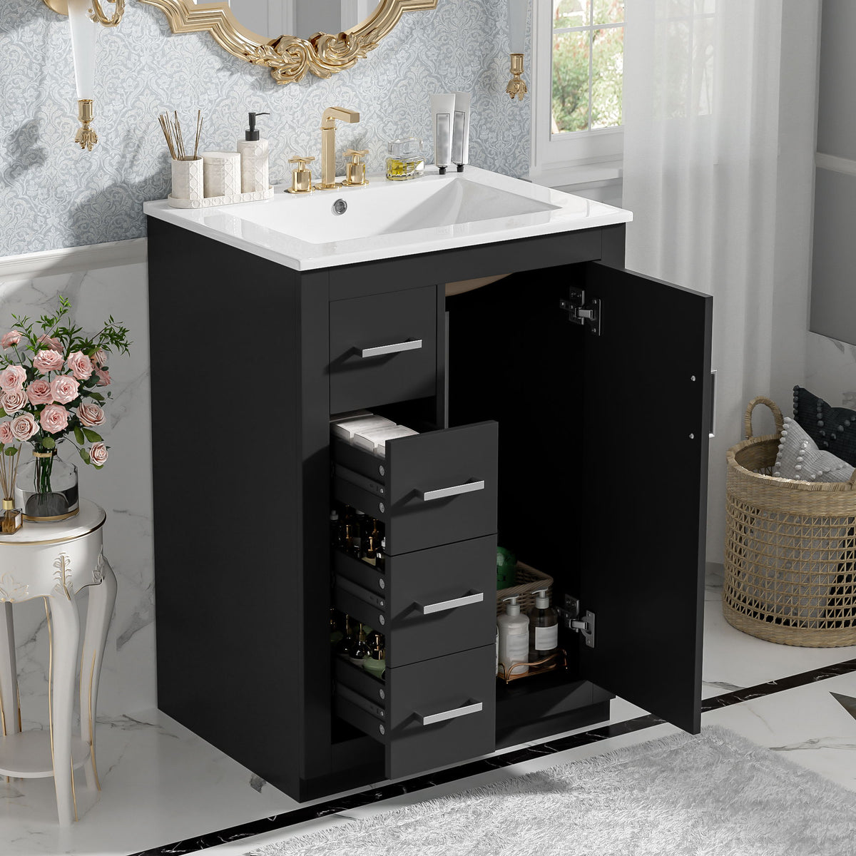 Bathroom Vanity With Integrated Sink, Rectangular Cabinet With 1 Door And 3 Drawers