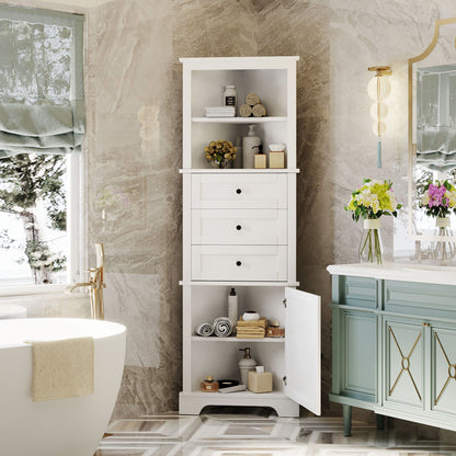 Tall Storage Cabinet With 3 Drawers And Adjustable Shelves For Bathroom