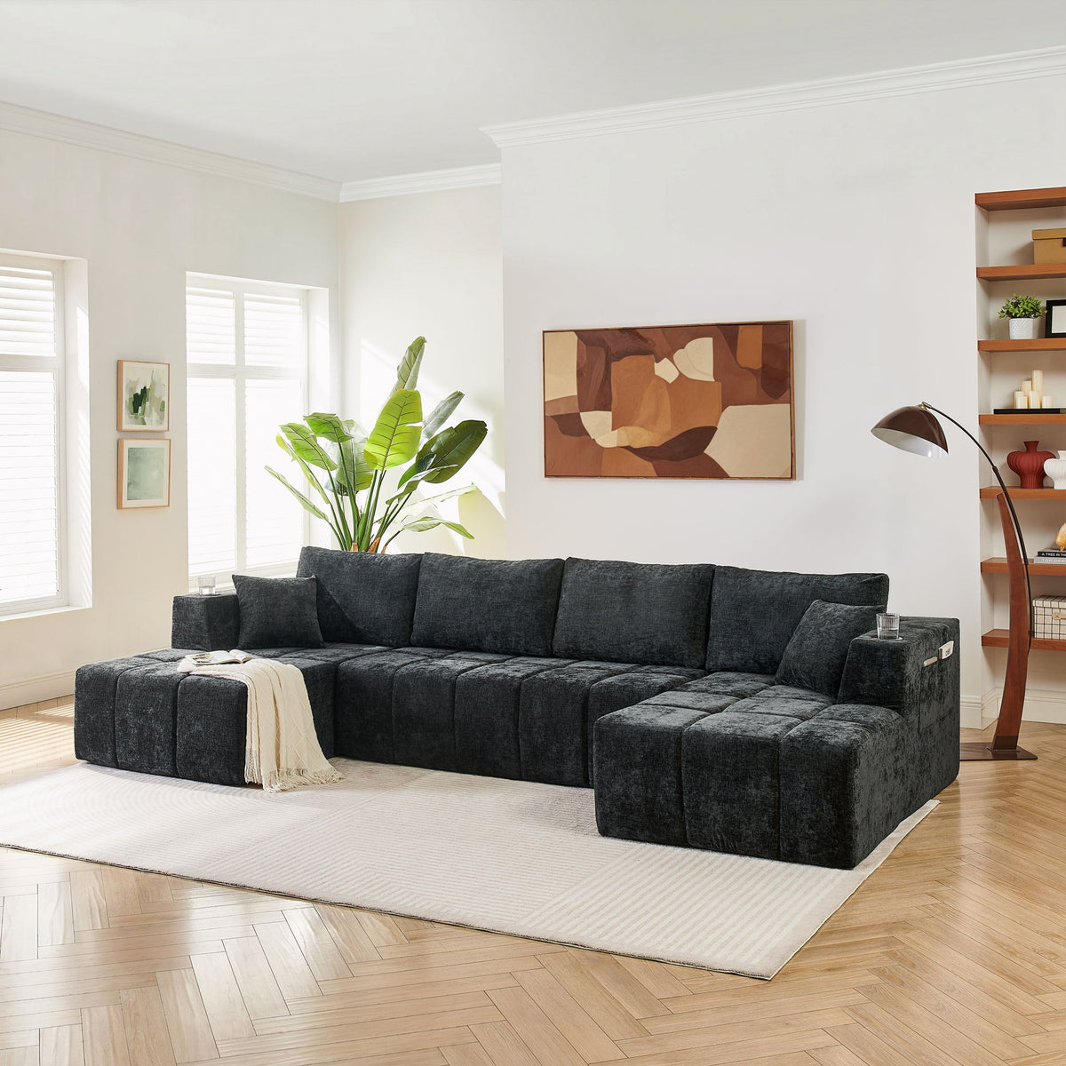 U - Shaped Sectional Sofa, Cup Holders & Side Pockets For Living Room