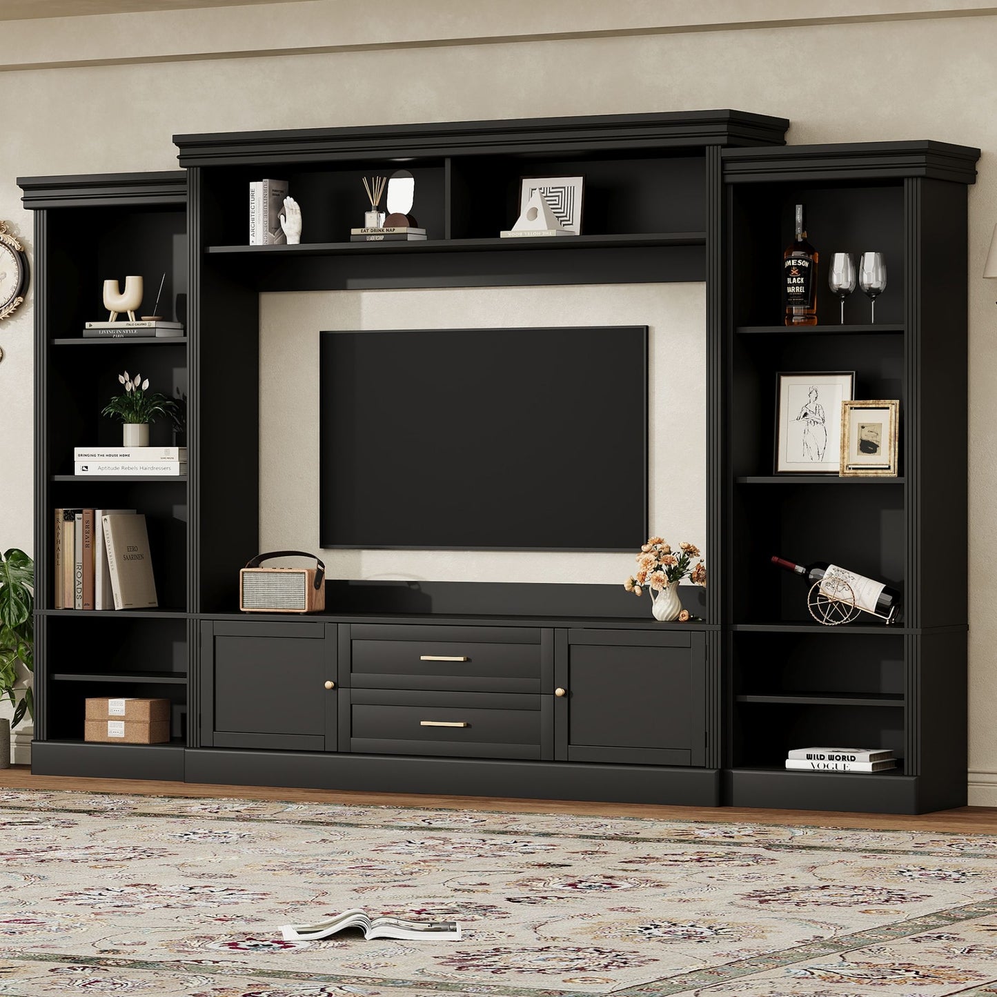 Elegant Entertainment Center Wall Unit With Bookshelves