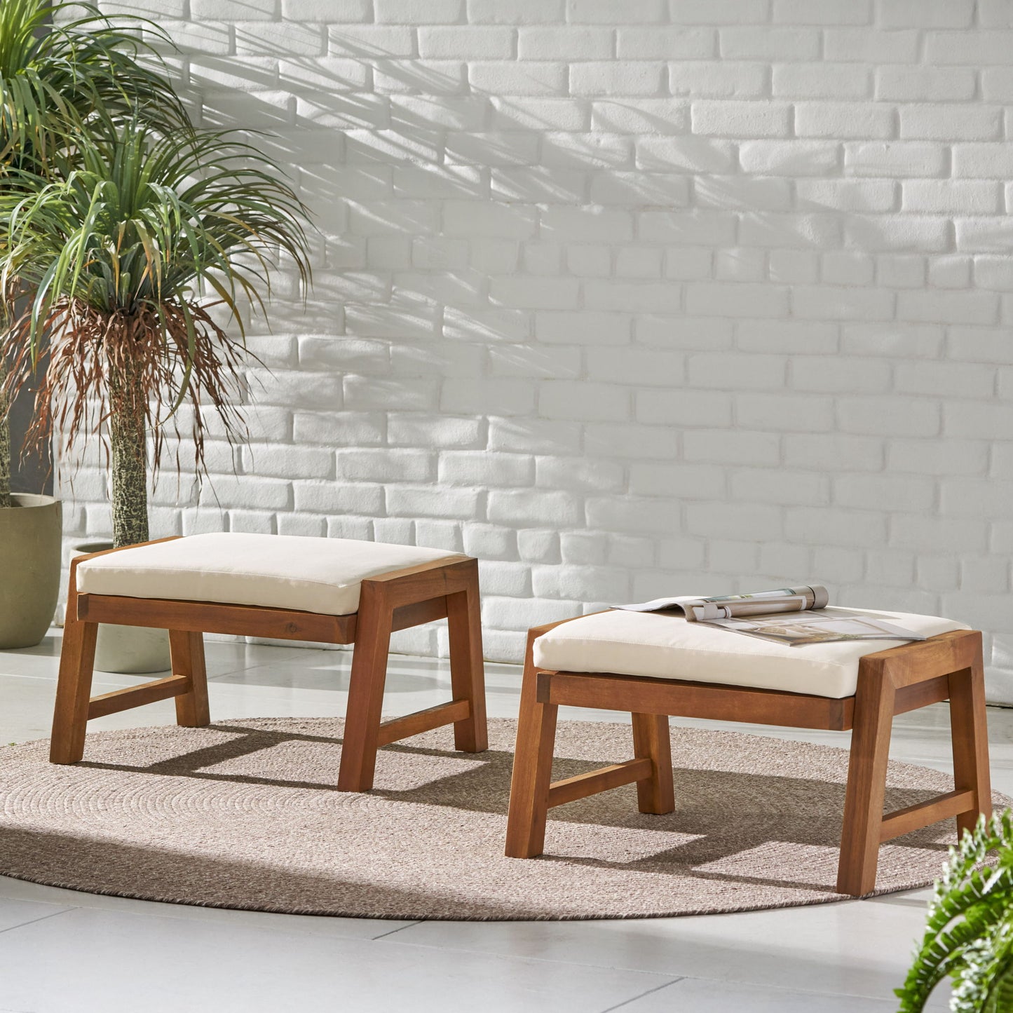 Acacia Wood Outdoor Ottomans With Cushion, (Set of 2)