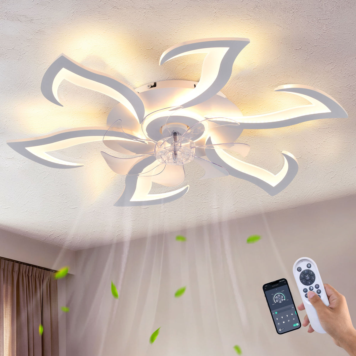 Flower Ceiling Fan With LED Dimmable Light, Flush Mount Ceiling Fan With Remote Control, Low Profile Design, 6 Speeds, Timing Function
