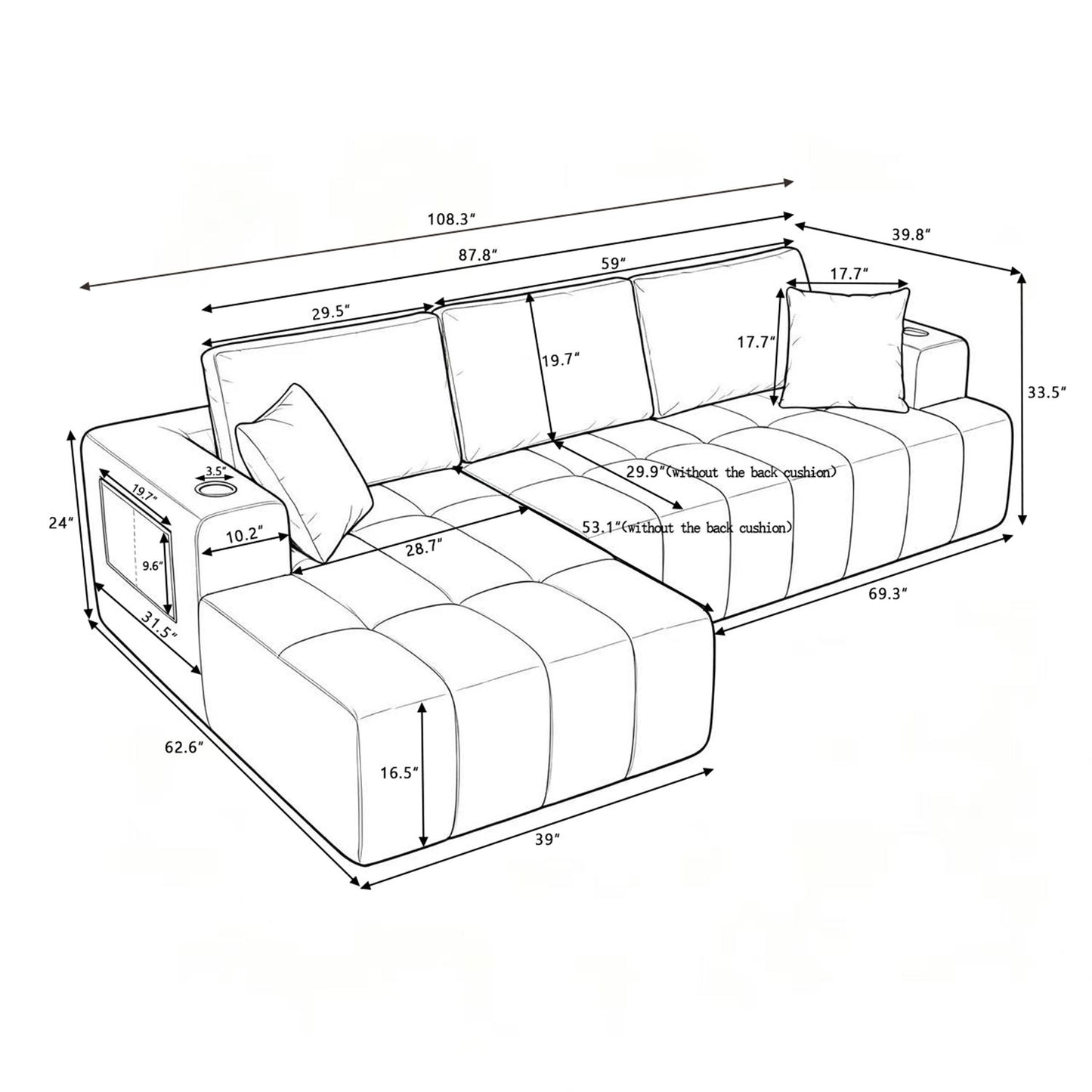 L - Shaped Sectional Sofa With Cup Holders & Side Pockets