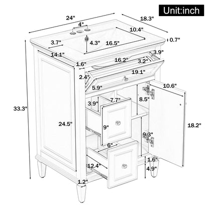 24" Bathroom Vanity With Sink, Cabinet, Adjustable Shelf, Flip Drawer & 2 Drawers - Black