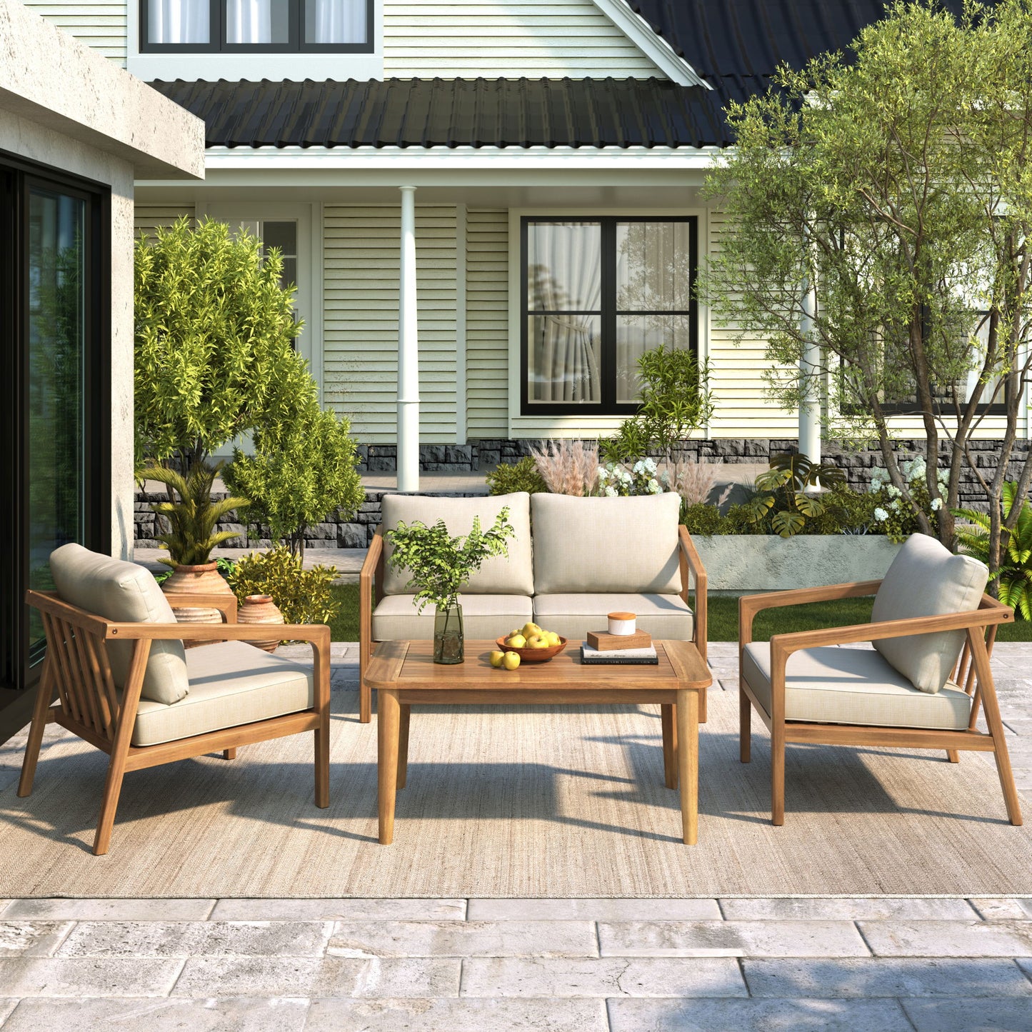 Westin - Outdoor Acacia Wood 4 Pieces Chat Set - Teak / Beige