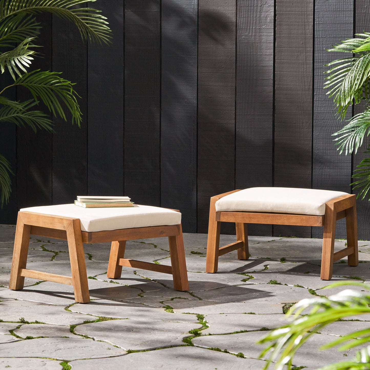Acacia Wood Outdoor Ottomans With Cushion, (Set of 2)