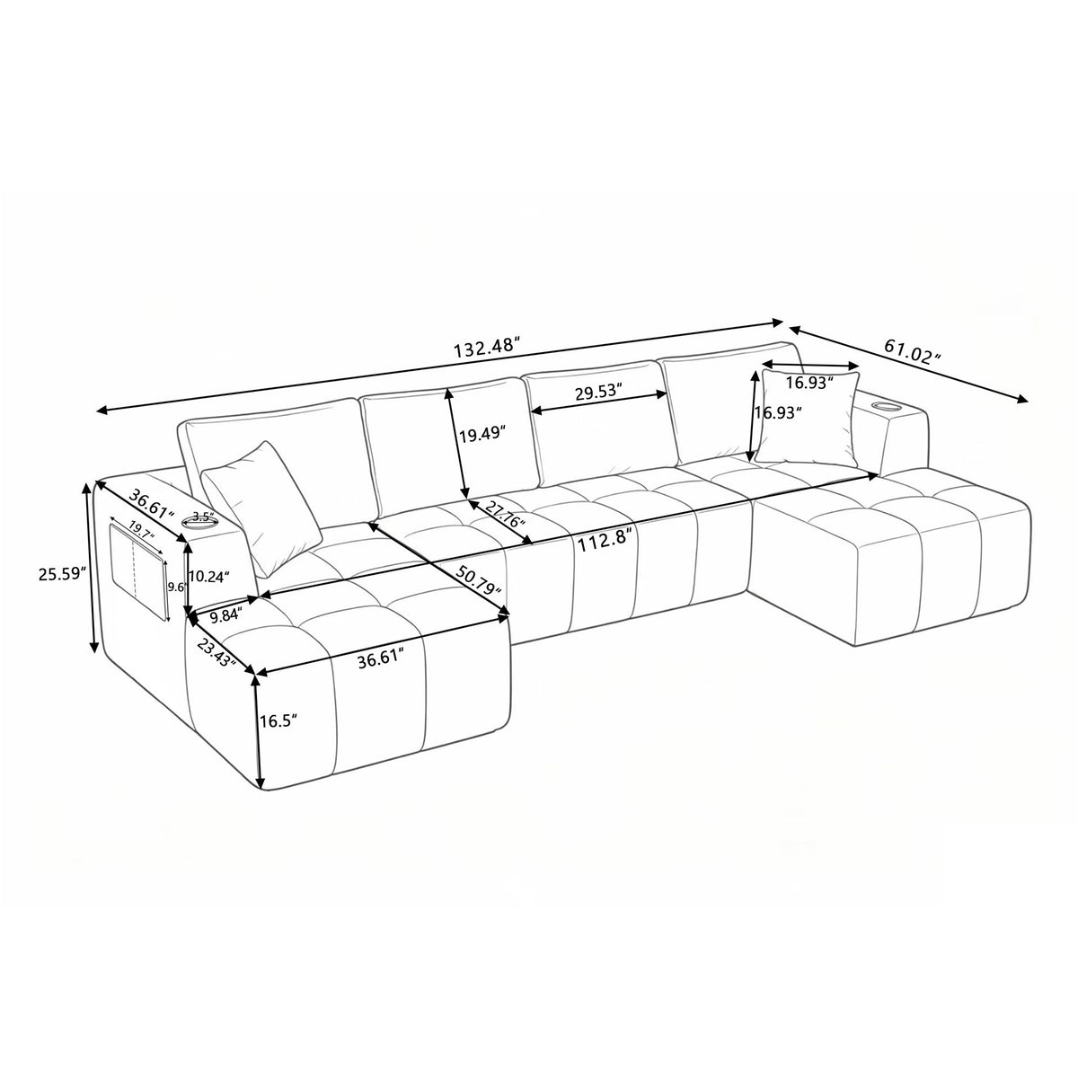 U - Shaped Sectional Sofa, Cup Holders & Side Pockets For Living Room
