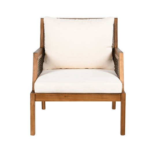 Acacia Wood Patio Furniture Club Chair, Outdoor Wicker Armchair, Deep Seating With Soft Cushions For Porch - Teak / Mix Brown