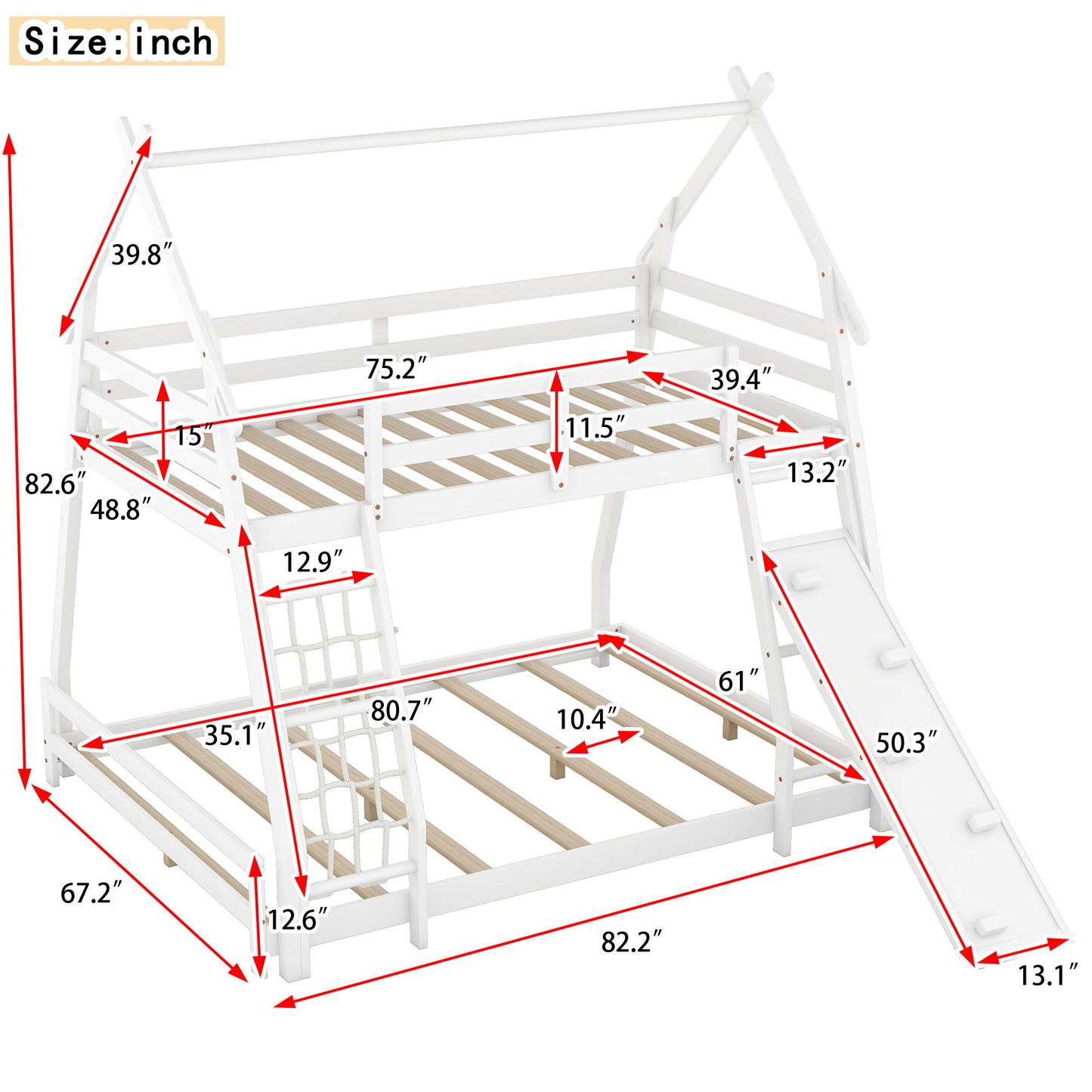 Twin Over Queen House Bunk Bed With Climbing Nets And Ramp - White