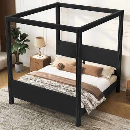 Upholstered Canopy Platform Bed With Headboard And Footboard, Vertical Ribbed Design