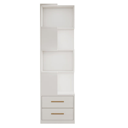Corner Bookshelf With 2 Drawers, 5 Tier Bookcase For Apartment - White