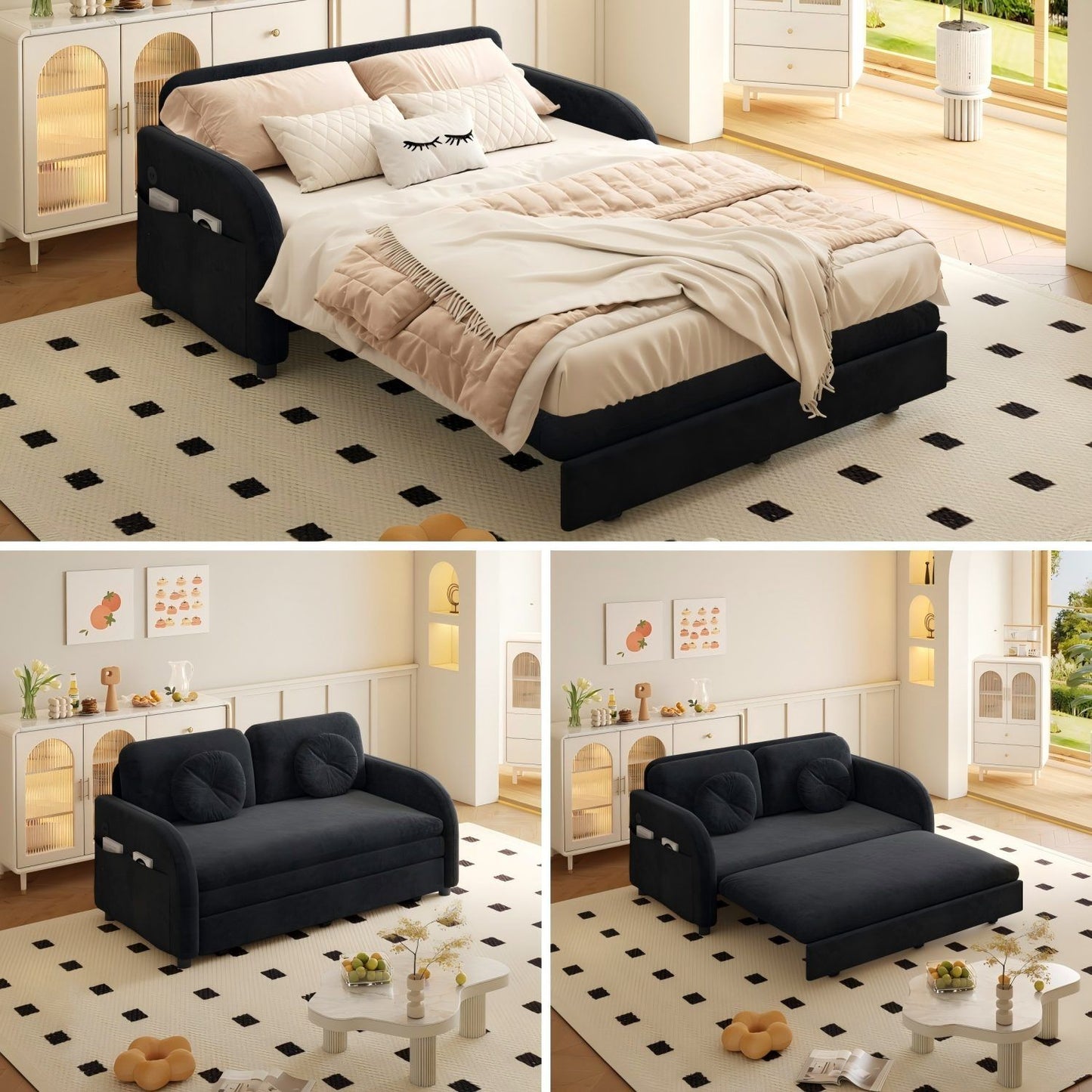 Upholstered Pull Out Couch With Side Pocket & USB Port