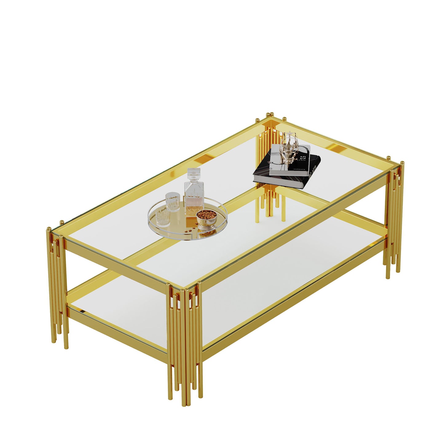 Top And Bottom Double Layer Tempered Glass Table And Mirror Finished Stainless Steel Frame