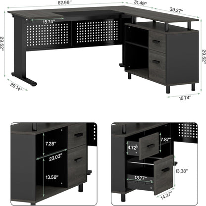 L-Shaped Executive Desk With File Cabinet, Office Workstation With Drawers, Shelves & Storage
