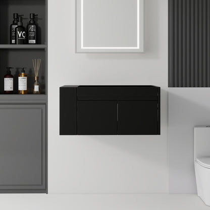 Floating Bathroom Vanity Cabinet, Soft Close Double Drawers, Open Side Storage, Wall Mounted, Cabinet Only