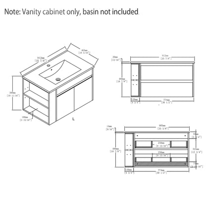 Floating Bathroom Vanity Cabinet, Soft Close Double Drawers, Open Side Storage, Wall Mounted, Cabinet Only