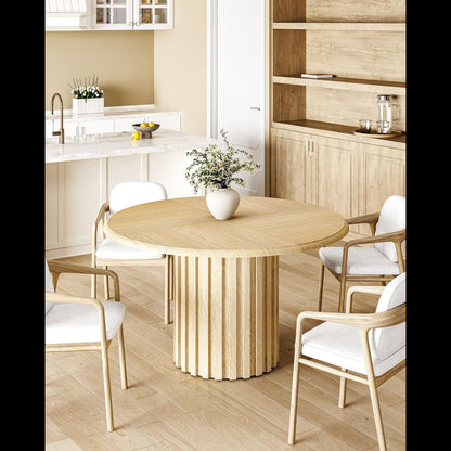 Round Dining Table With Fluted Pedestal Base, Circle Kitchen & Dinner Table - Natural Wood