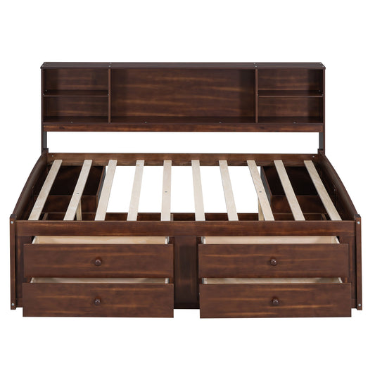 Full Size Captain Bed With Built In Storage Shelves, 4 Drawers And 2 Cabinets - Antique Brown