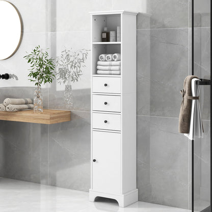 Tall Storage Cabinet With 3 Drawers And Adjustable Shelves For Bathroom