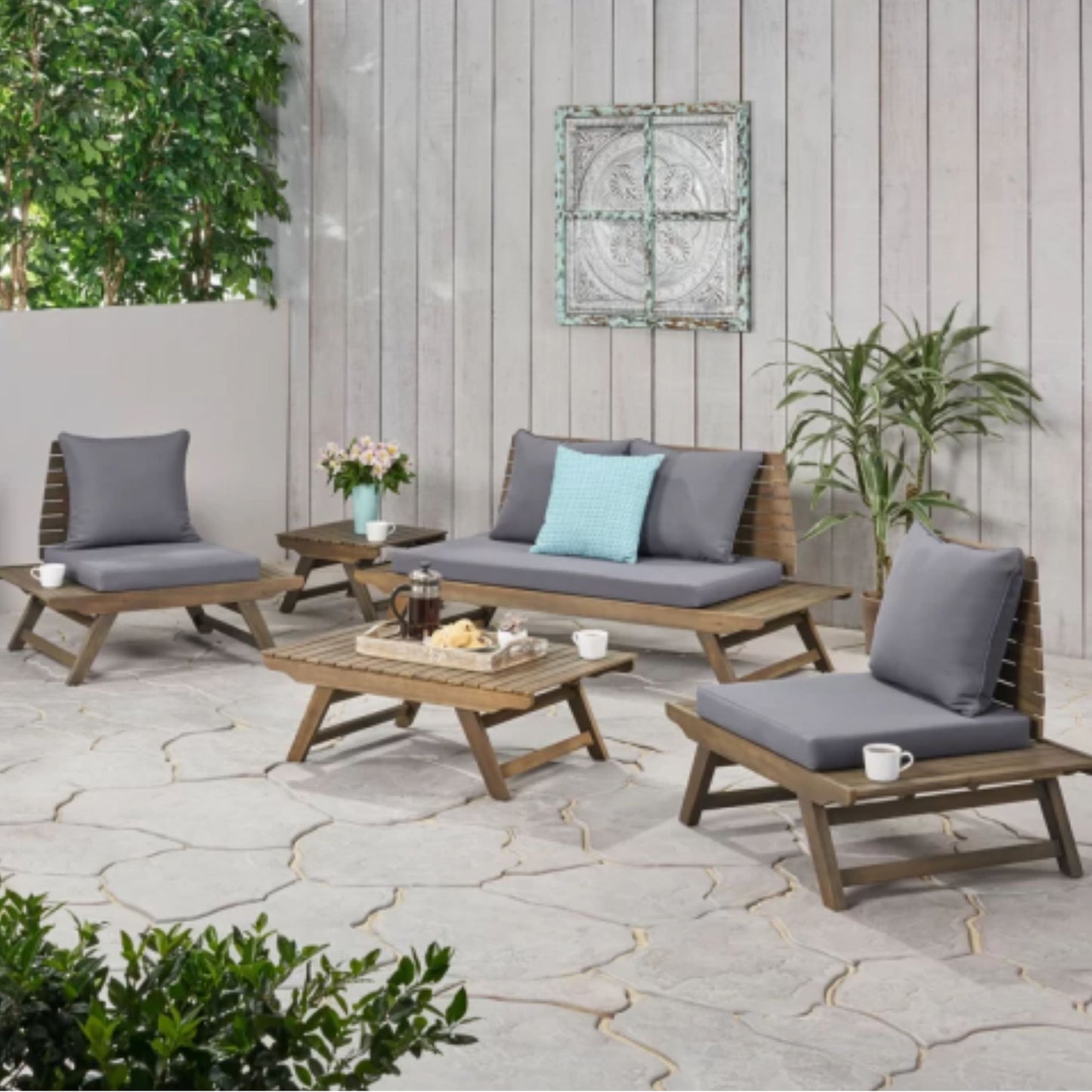 Aticus - 4 Person Outdoor Seating Group With Cushions, Slatted Club Chair - Dark Gray