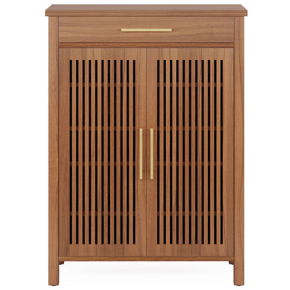 5 Tier Shoe Cabinet With Louvered Doors And Drawer, Freestanding Organizer With Adjustable Shelves For Entryway - Brown