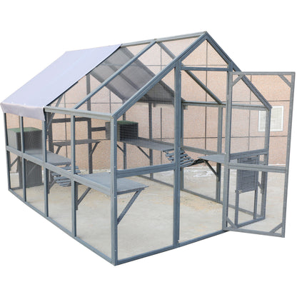Spacious Wooden Cat Catio Outdoor Kitty House With Bridges And Roof Cover - Gray