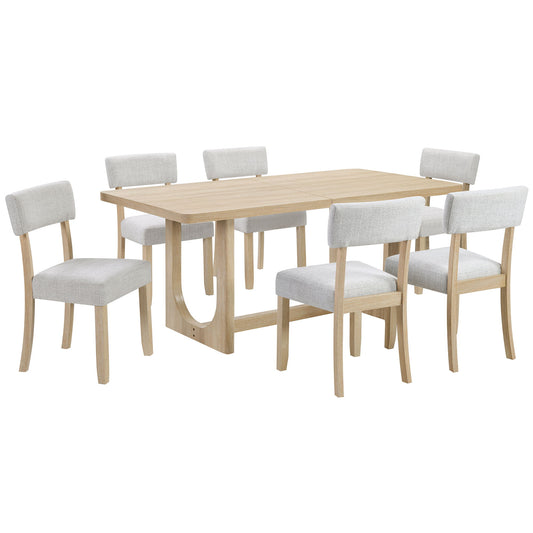 7 Piece Dining Table Set For 6, Rectangular Table & 6 Upholstered Chairs, Sturdy U - Shaped Base For Dining Room - Light Oak