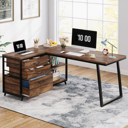 L-Shaped Computer Desk With 3 Drawers And Storage Shelves, Reversible Corner Workstation For Small Rooms - Brown / Black